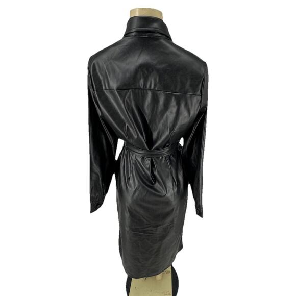 Evereve Medium Women Black Vegan Faux Leather Button Up Midi Dress Trench CLT - Picture 6 of 14